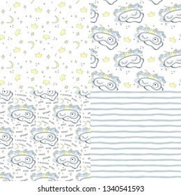 Sleeping mask and seamless patterns. Vector illustration set.