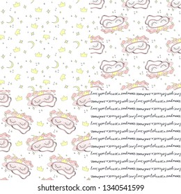 Sleeping mask and seamless patterns. Vector illustration set.
