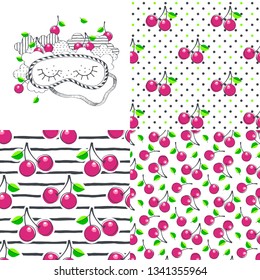 Sleeping mask and seamless patterns. Vector illustration set.