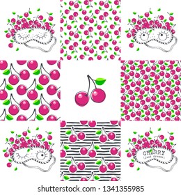 Sleeping mask and seamless patterns. Vector illustration set.