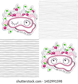 Sleeping mask and seamless patterns. Vector illustration set.
