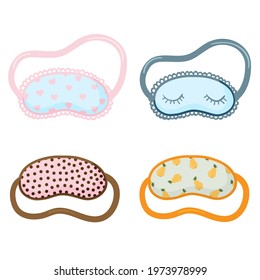 Sleeping mask set. Sleeping night eye accessory blindfold relax in traveling illustration. Collection of nighty sleepy face protection asleep flat cartoon isolated on white for poster, sticker, cards