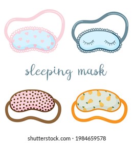 Sleeping mask set. Sleeping night eye accessory blindfold relax in traveling illustration. Collection of nighty sleepy face protection asleep flat cartoon isolated on white for poster, sticker, cards