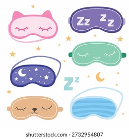 Sleeping mask vector clipart set in flat cartoon style. Cute collection of eye masks with animal faces, night themes, stars, moon, and sleep symbols. Cozy bedtime and night routine elements isolated on white background.