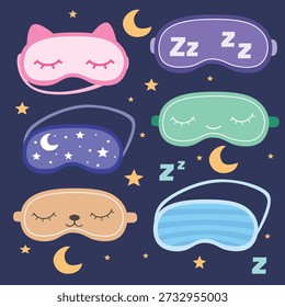Schlafmaske, Vektorclipart-Set im flachen Cartoon-Stil. Nette Kollektion von Augenmasken mit Tiergesichtern, Nachtthemen, Sternen, Mond und Schlafsymbolen. Gemütliche Einzel- und Nachtroutineelemente einzeln auf weißem Hintergrund.