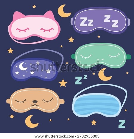 Sleeping mask vector clipart set in flat cartoon style. Cute collection of eye masks with animal faces, night themes, stars, moon, and sleep symbols. Cozy bedtime and night routine elements isolated on white background.