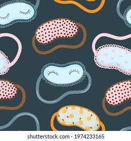 Sleeping mask vector seamless pattern. Sleeping night eye accessory blindfold relax in traveling illustration. Nighty sleepy face protection asleep flat cartoon design for poster, cards, textile