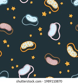 Sleeping mask vector seamless pattern. Sleeping night eye accessory blindfold relax in traveling illustration. Nighty sleepy face protection asleep flat cartoon design for poster, cards, textile