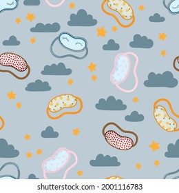 Sleeping mask vector seamless pattern. Sleeping night eye accessory blindfold relax in traveling illustration. Nighty sleepy face protection asleep flat cartoon design for poster, cards, textile