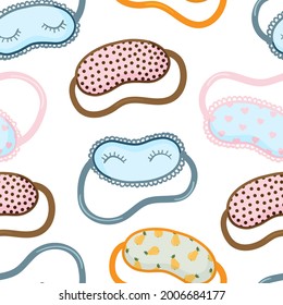 Sleeping mask vector seamless pattern. Sleeping night eye accessory blindfold relax in traveling illustration. Nighty sleepy face protection asleep flat cartoon design for poster, cards, textile