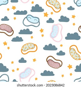 Sleeping mask vector seamless pattern. Sleeping night eye accessory blindfold relax in traveling illustration. Nighty sleepy face protection asleep flat cartoon design for poster, cards, textile