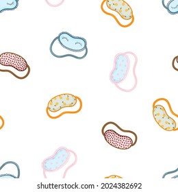 Sleeping mask vector seamless pattern. Sleeping night eye accessory blindfold relax in traveling illustration. Nighty sleepy face protection asleep flat cartoon design for poster, cards, textile