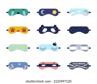 Sleeping masks with cute prints vector illustrations set. Adorable animal faces, panda eyes on night rest accessories. Funny don t disturb phrase, robbers masked face isolated on white background