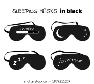 Sleeping masks set in black style with white print. Eye protection accessories for relax sleeping night or rest in traveling. Vector sleepwear isolated blindfolds icons