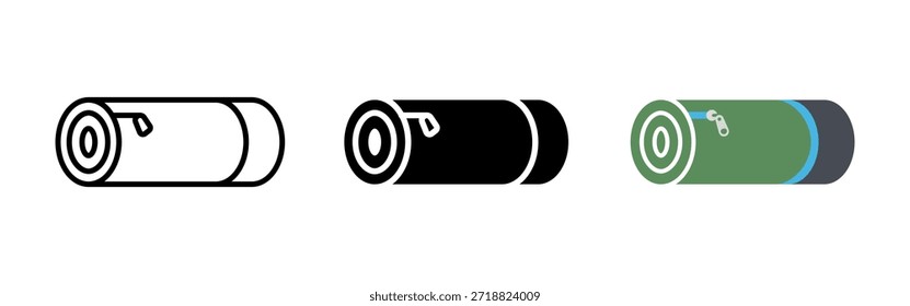 Ícone do tapete de dormir. Símbolo de esteira de acampamento laminado para viagens ao ar livre e caminhadas. Ilustração de equipamentos de turismo e aventura para almofada de terra portátil, sono e descanso. Contorno e pictograma sólido.