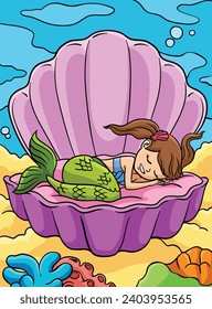 Sleeping Mermaid in a Clam Shell Colored Cartoon