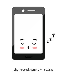 Sleeping mode mobile phone emoji icon isolated on white. Asleep smartphone character. Cute black modern cell phone with funny kawaii style face. Digital device vector illustration for web, apps design