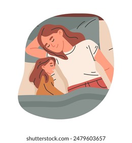 Mamá e hija durmientes. La mujer duerme en la cama con su bebé, el descanso y la escena de la Ilustración vectorial plana a la hora de dormir. Familia durmiendo en la cama