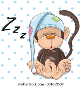 Sleeping Monkey in a cap on a dots background
