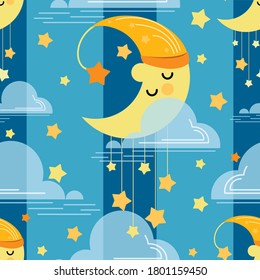 Sleeping month. Baby vector background. Moon, asterisks and cloud on blue sky background.