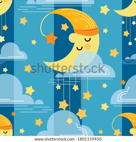 Sleeping month. Baby vector background. Moon, asterisks and cloud on blue sky background.