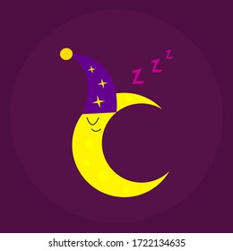 sleeping month in the night violet sky cartoon character in a cap with stars patterns
