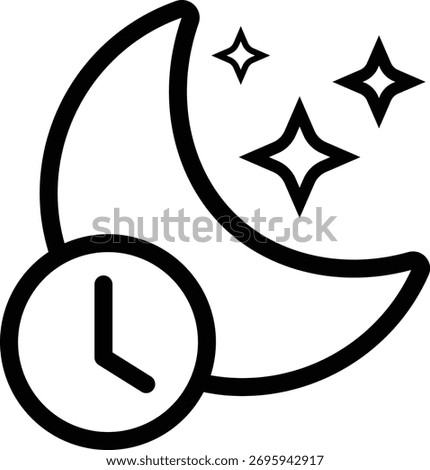 Sleeping moon with alarm clock icon in black flat and line style, includes night crescent, bedtime rest, sleep reminder, dream wake up alert, relaxation and peaceful night concept