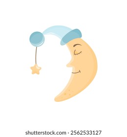 Sleeping moon in a cap. For kids design . Stock isolated clipart on a white background. Baby shower theme. Graphic design vector illustration