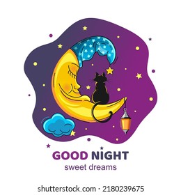 Sleeping moon. Cartoon moon in a night cap. Black cat sits on a sleeping moon and looks into the starry sky. Good night sweet dreams. Vector illustration