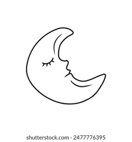 Luna dormida con los ojos cerrados en negro aislado sobre fondo blanco. Ilustración de boceto de Vector dibujado a mano en estilo vintage de arte de línea grabada doodle. Concepto de sueño, dulces sueños, niños