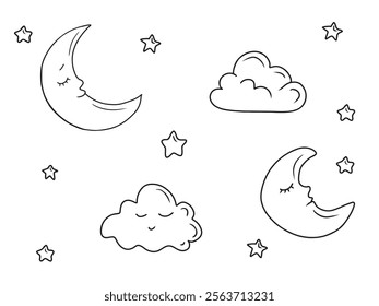 Sleeping moon with closed eyes, clouds in black isolated on white background. Hand drawn vector sketch illustration in doodle engraved line art vintage style. Concept of sleep, sweet dreams, children