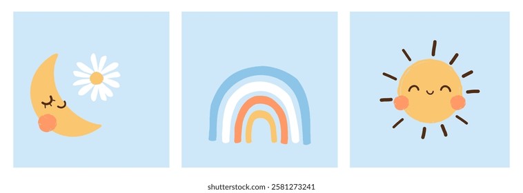 Sleeping moon, daisy flower, rainbow and happy sun on blue backgrounds vector.