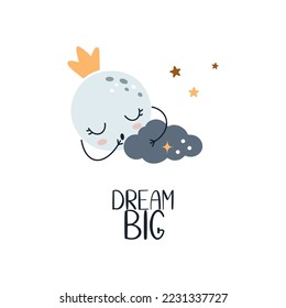 Sleeping moon embracing a cloud. Cartoon vector illustration