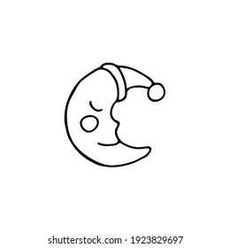 The sleeping moon in a hat with a pompom, hand-drawn. Doodle image for various designs.