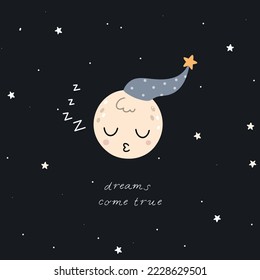 Sleeping moon in a hat. Stars on the dark background. Cartoon vector illustration