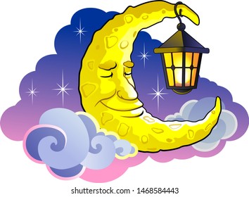 Sleeping moon with a lantern. Night sky with clouds and stars.
