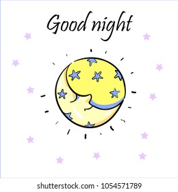 Sleeping moon in nightcap isolated on white background. Crescent with stars