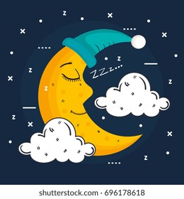 sleeping moon in nightcap isolated on blue background