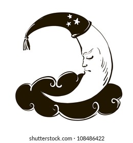 The sleeping moon on a cloud. A children's sketch