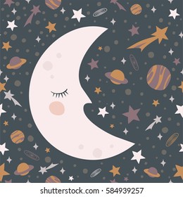 sleeping moon seamless pattern, Retro illustration of a smiling moon wishing good night. Vector background with night sky with stars and planets