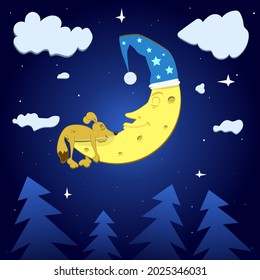 The sleeping moon in the sky and the sleeping dog on it