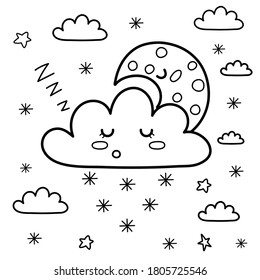 Sleeping moon and snowy cloud in the sky coloring page. Fantasy coloring book. Black and white background. Sweet dreams vector illustration 