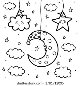 Sleeping moon and star at night coloring page. Sweet dreams black and white card. Outline fantasy background. Vector illustration