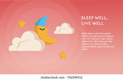 Sleeping moon and stars clock concept vector flat poster design. Illustration with place for text