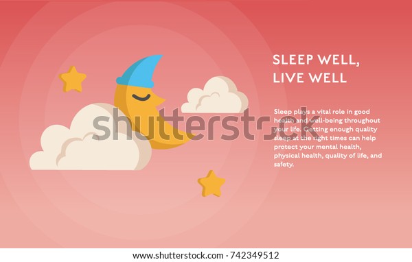 Sleeping moon and stars\
clock concept vector flat poster design. Illustration with place\
for text