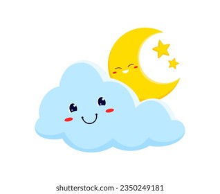 Sleeping moon with stars and cloud, funny weather forecast cartoon characters. Vector night time, sign, smiling cloud in sky and crescent moon. Bedtime