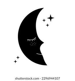 Luna durmiente con estrellas, buenas noches, papel de habitación infantil, ilustración infantil de nana, hora de la cama, ilustración vectorial plana lunar