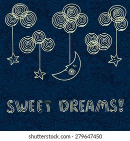 Sleeping moon and stars on the night sky. Hand drawn vector illustration. 