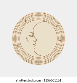 Sleeping moon. Vector hand drawn illustration in medieval style