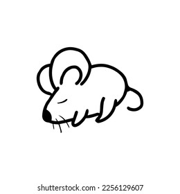 Sleeping mouse. Isolated vector image, outline drawing on transparent background. A cute peaceful creature with big ears.